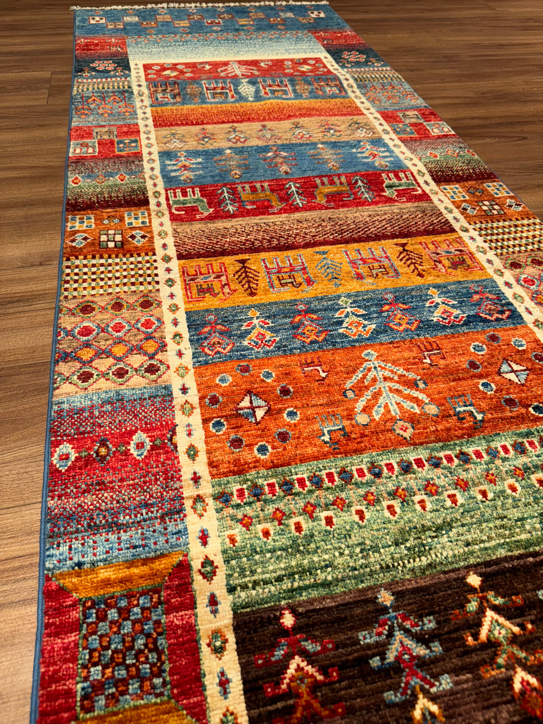 Khorjin Gabbe Desenli Orijinal El Dokuması Yolluk Multi Kök Boya Yün Halı 0.78x256 2 Metrekare - 3x8 ft