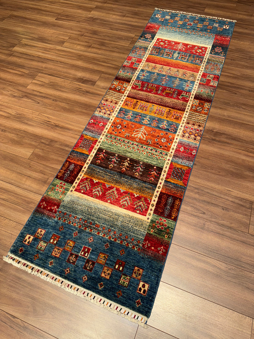 Khorjin Gabbe Desenli Orijinal El Dokuması Yolluk Multi Kök Boya Yün Halı 0.78x256 2 Metrekare - 3x8 ft