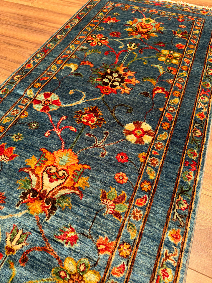 Sultani Binbirgece Yolluk Orijinal El Dokuması Mavi Kök Boya Yün Halı 0.79x201 1.59 Metrekare - 3x8 ft