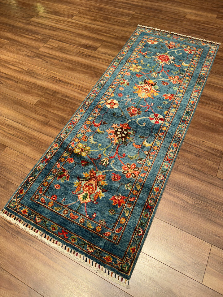 Sultani Binbirgece Yolluk Orijinal El Dokuması Mavi Kök Boya Yün Halı 0.79x201 1.59 Metrekare - 3x8 ft