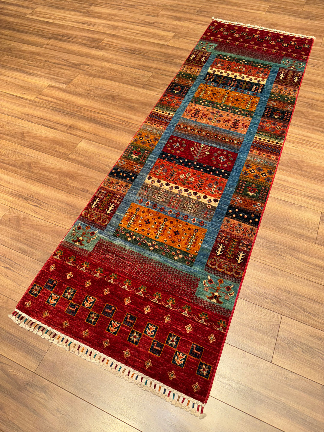 Khorjin Gabbe Desenli Orijinal El Dokuması Yolluk Multi Kök Boya Yün Halı 0.83x252 2.09 Metrekare - 3x8 ft