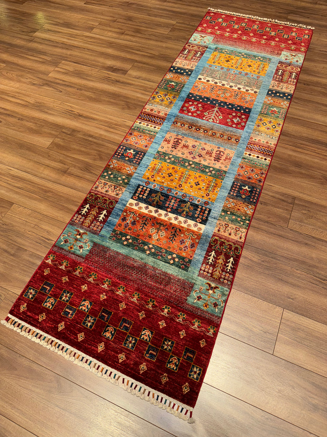 Khorjin Gabbe Desenli Orijinal El Dokuması Yolluk Multi Kök Boya Yün Halı 0.83x252 2.09 Metrekare - 3x8 ft