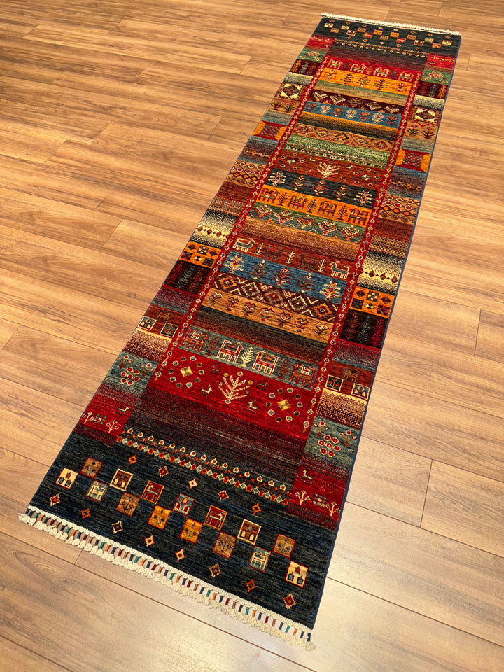 Khorjin Gabbe Desenli Orijinal El Dokuması Yolluk Multi Kök Boya Yün Halı 0.79x298 2.35 Metrekare - 3x10 ft