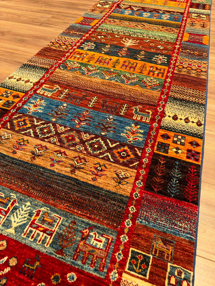 Khorjin Gabbe Desenli Orijinal El Dokuması Yolluk Multi Kök Boya Yün Halı 0.79x298 2.35 Metrekare - 3x10 ft