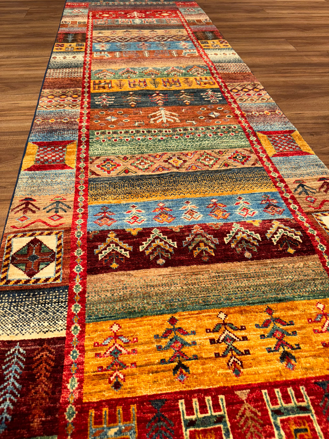 Khorjin Gabbe Desenli Orijinal El Dokuması Yolluk Multi Kök Boya Yün Halı 0.79x298 2.35 Metrekare - 3x10 ft