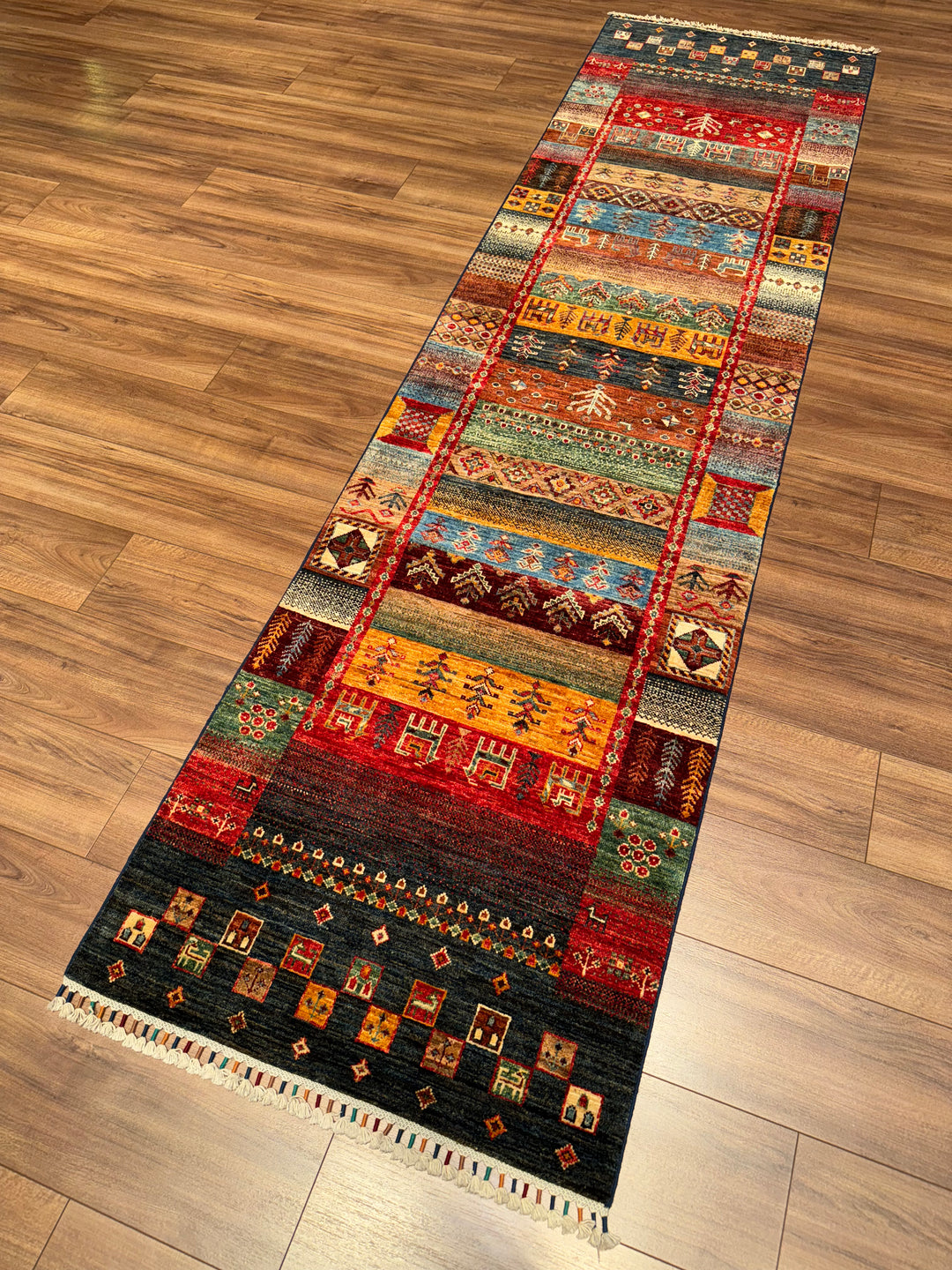 Khorjin Gabbe Desenli Orijinal El Dokuması Yolluk Multi Kök Boya Yün Halı 0.79x298 2.35 Metrekare - 3x10 ft