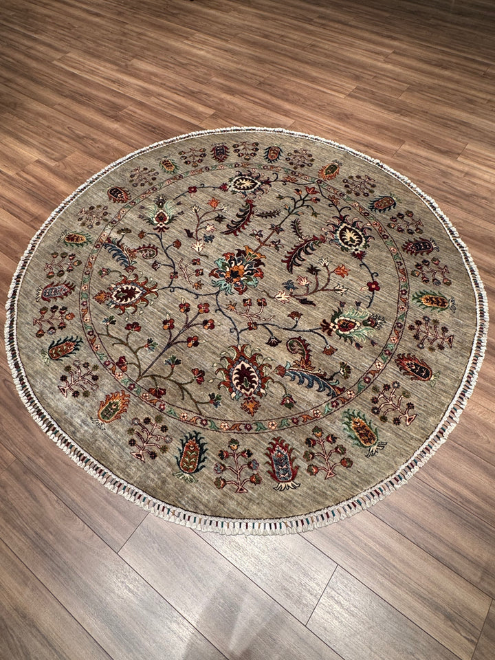 Sultani Binbirgece Yuvarlak Orijinal El Dokuması Gri Kök Boya Yün Halı 203x205 4.16 Metrekare - 6x6 ft