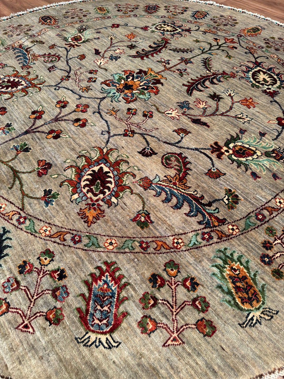 Sultani Binbirgece Yuvarlak Orijinal El Dokuması Gri Kök Boya Yün Halı 203x205 4.16 Metrekare - 6x6 ft