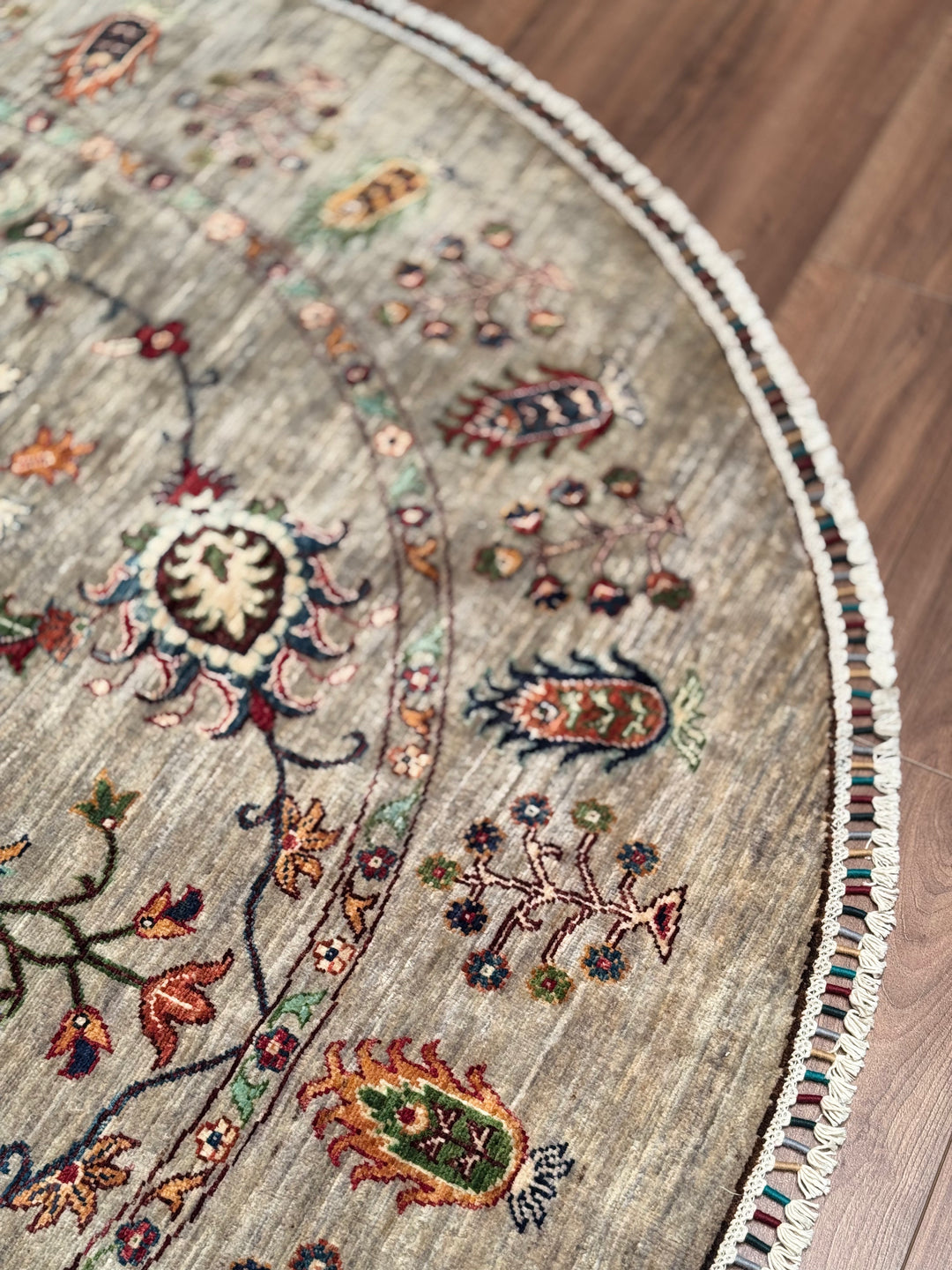 Sultani Binbirgece Yuvarlak Orijinal El Dokuması Gri Kök Boya Yün Halı 203x205 4.16 Metrekare - 6x6 ft