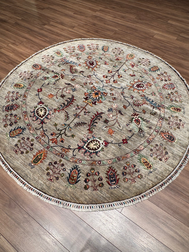 Sultani Binbirgece Yuvarlak Orijinal El Dokuması Gri Kök Boya Yün Halı 203x205 4.16 Metrekare - 6x6 ft