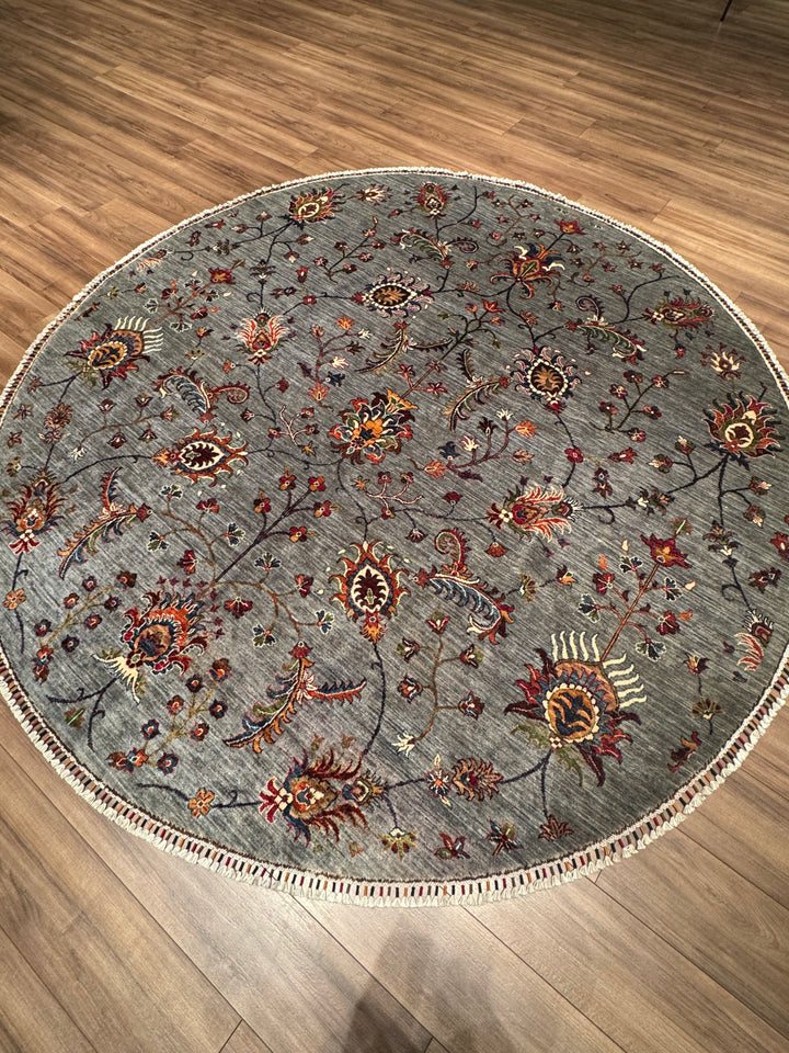 Sultani Binbirgece Round Original Hand-Woven Gray Vegetable Dyed Wool Carpet 244x247 6.03 Square Meters - 8x8ft