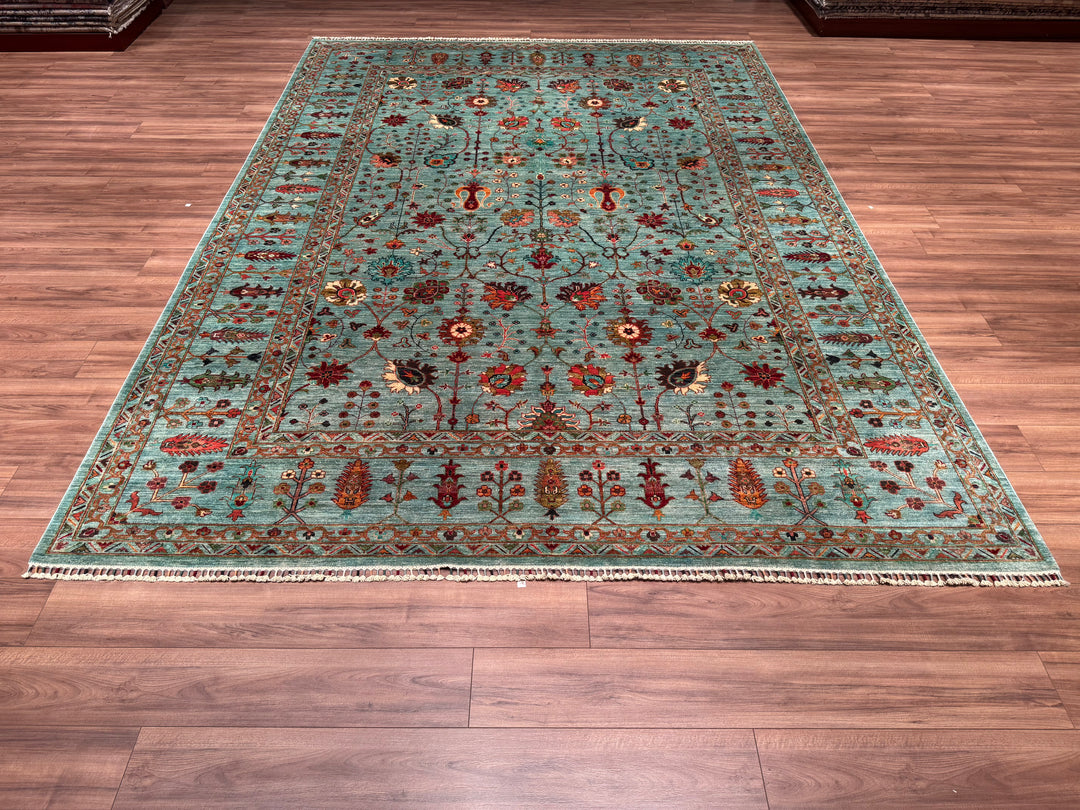 Sultani Floral Original Hand Woven Turquoise Vegetable Dyed Wool Carpet 273x377 10.29 Square Meters - 10x14ft