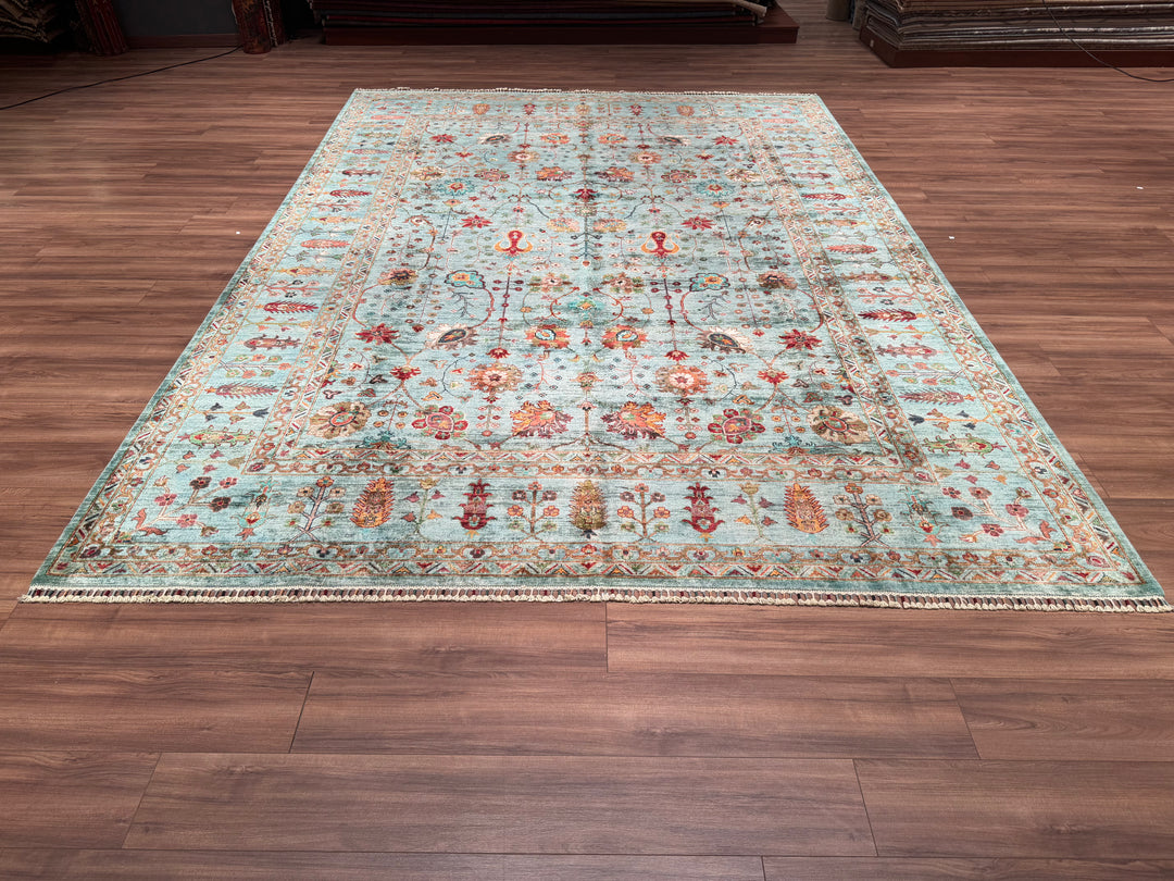 Sultani Floral Original Hand Woven Turquoise Vegetable Dyed Wool Carpet 273x377 10.29 Square Meters - 10x14ft