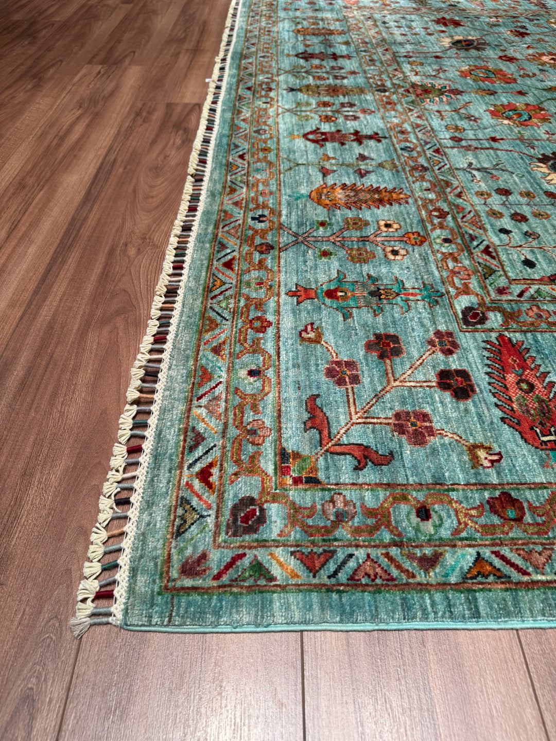 Sultani Floral Original Hand Woven Turquoise Vegetable Dyed Wool Carpet 273x377 10.29 Square Meters - 10x14ft