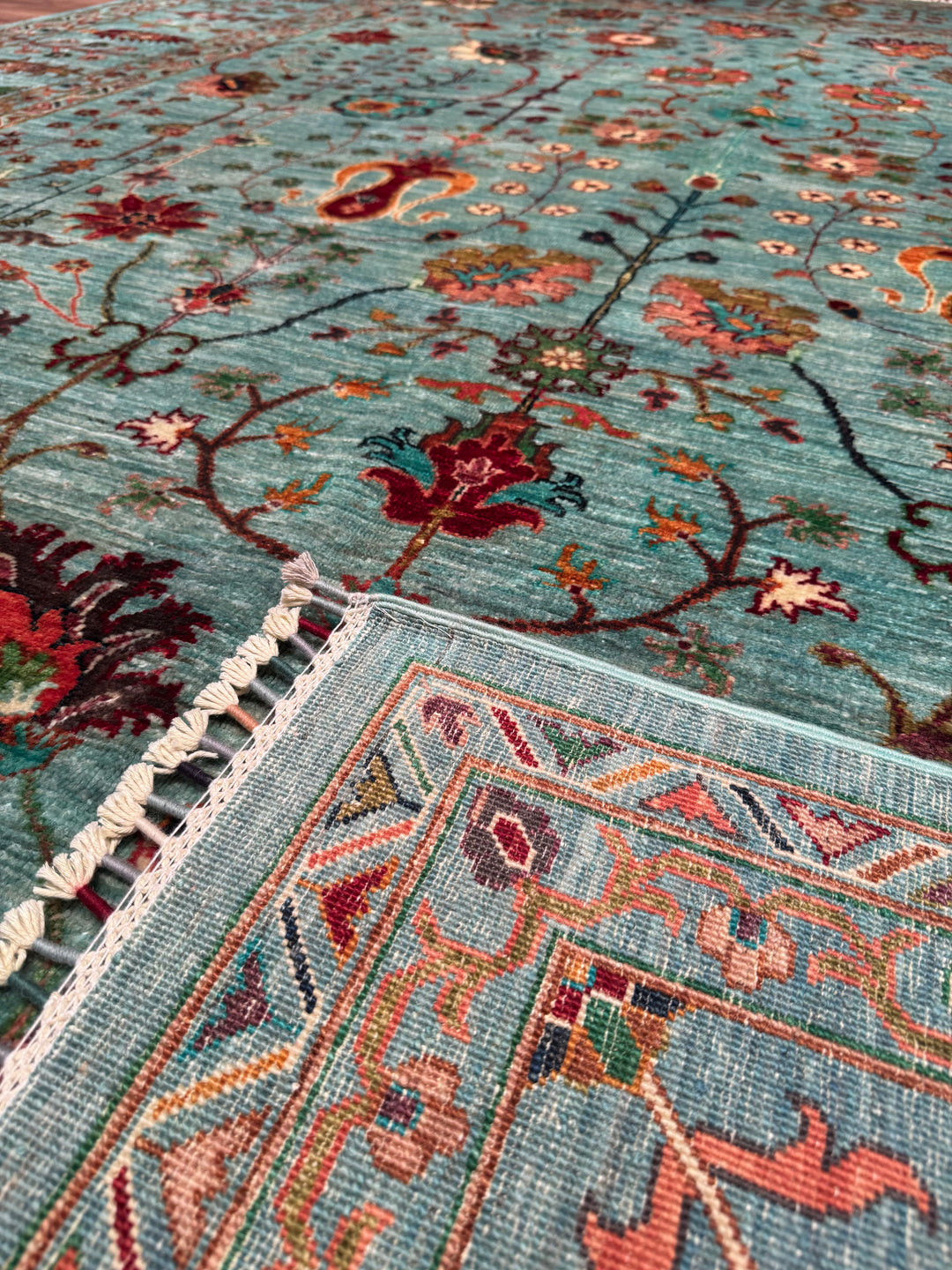 Sultani Floral Original Hand Woven Turquoise Vegetable Dyed Wool Carpet 273x377 10.29 Square Meters - 10x14ft