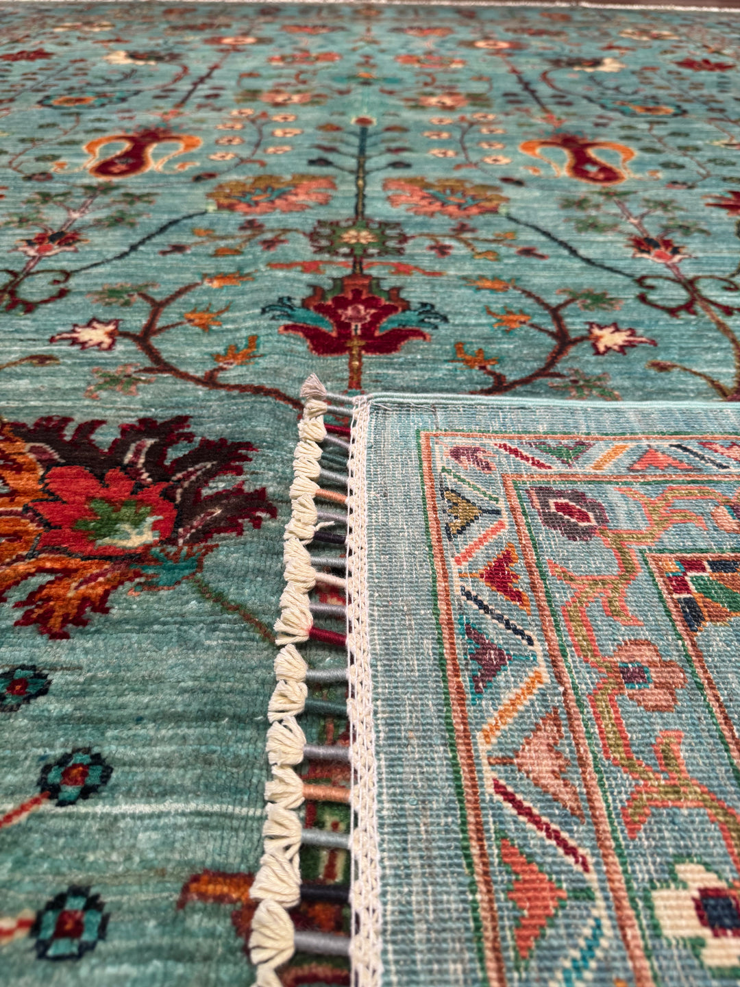 Sultani Floral Original Hand Woven Turquoise Vegetable Dyed Wool Carpet 273x377 10.29 Square Meters - 10x14ft