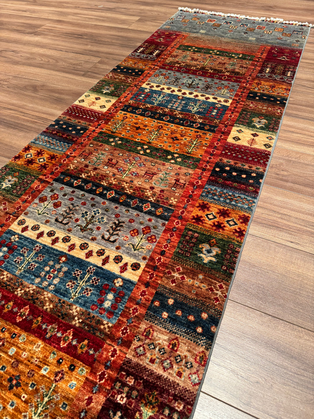 Khorjin Gabbe Desenli Orijinal El Dokuması Yolluk Multi Kök Boya Yün Halı 0.78x263 2.05 Metrekare - 3x8 ft