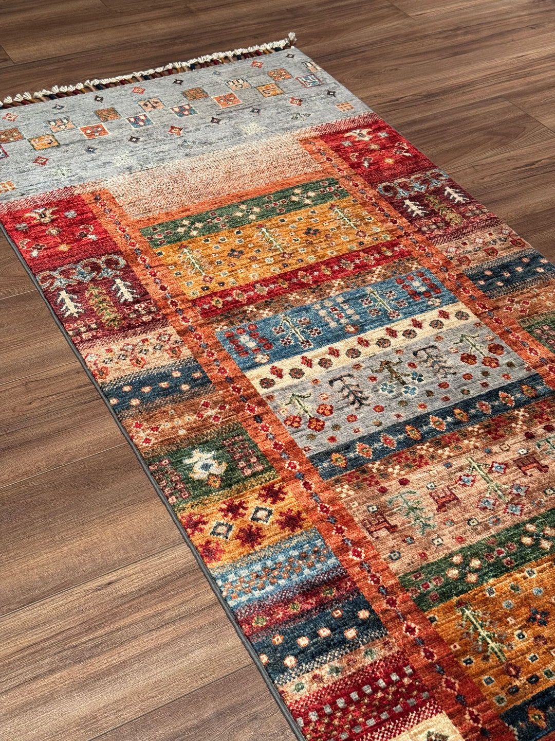 Khorjin Gabbe Desenli Orijinal El Dokuması Yolluk Multi Kök Boya Yün Halı 0.78x263 2.05 Metrekare - 3x8 ft