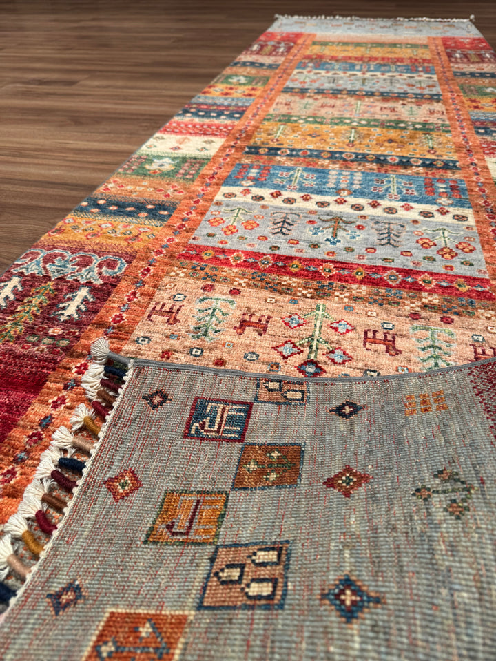 Khorjin Gabbe Desenli Orijinal El Dokuması Yolluk Multi Kök Boya Yün Halı 0.78x263 2.05 Metrekare - 3x8 ft