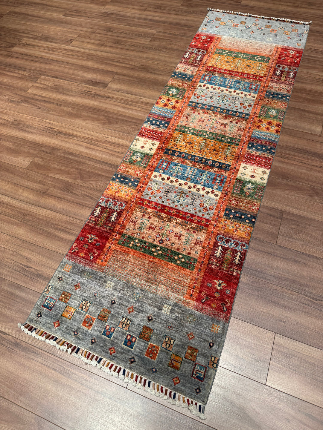 Khorjin Gabbe Desenli Orijinal El Dokuması Yolluk Multi Kök Boya Yün Halı 0.78x263 2.05 Metrekare - 3x8 ft