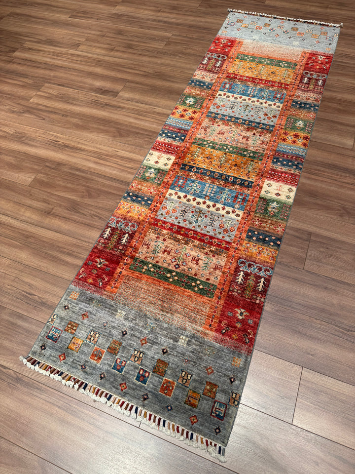 Khorjin Gabbe Desenli Orijinal El Dokuması Yolluk Multi Kök Boya Yün Halı 0.78x263 2.05 Metrekare - 3x8 ft