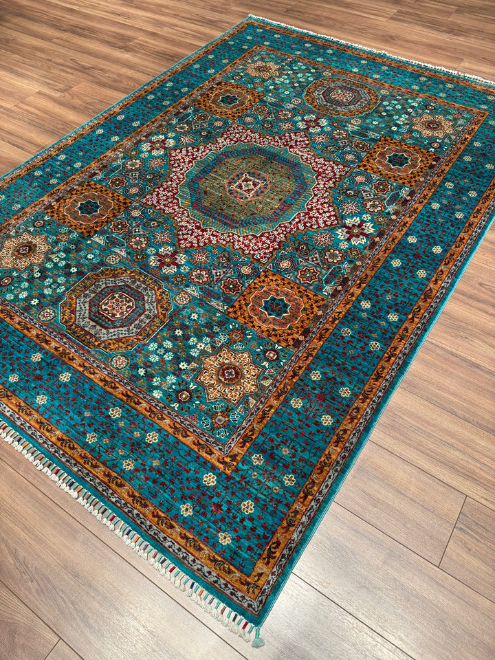 Mamluk Original Handwoven Turquoise Vegetable Dyed Wool Rug 172x243 cm (4.18 square meters) - 5x8 ft