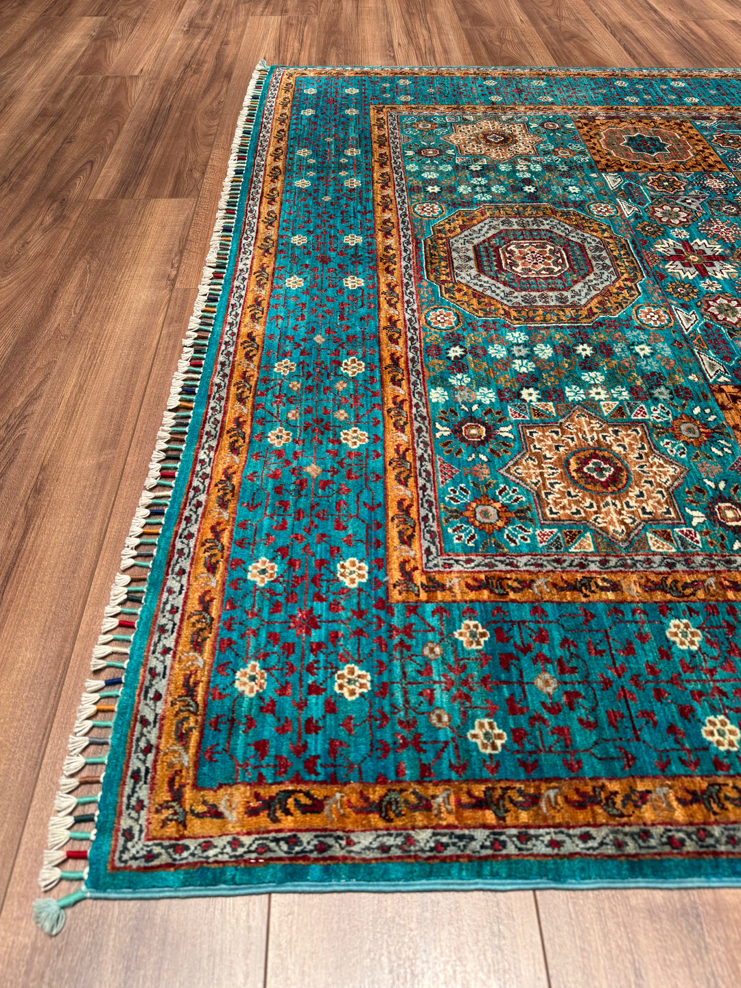 Mamluk Original Handwoven Turquoise Vegetable Dyed Wool Rug 172x243 cm (4.18 square meters) - 5x8 ft