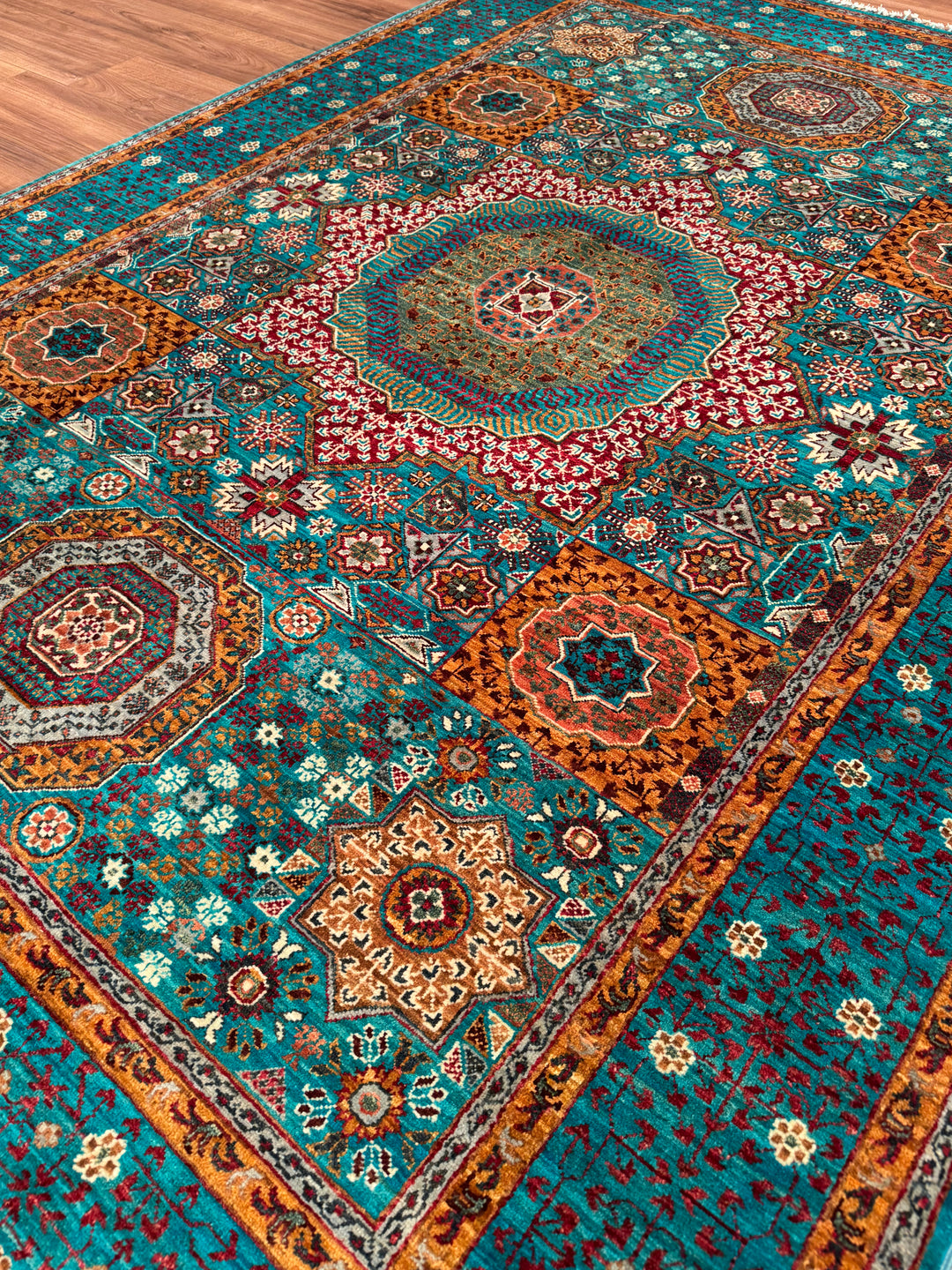 Mamluk Original Handwoven Turquoise Vegetable Dyed Wool Rug 172x243 cm (4.18 square meters) - 5x8 ft
