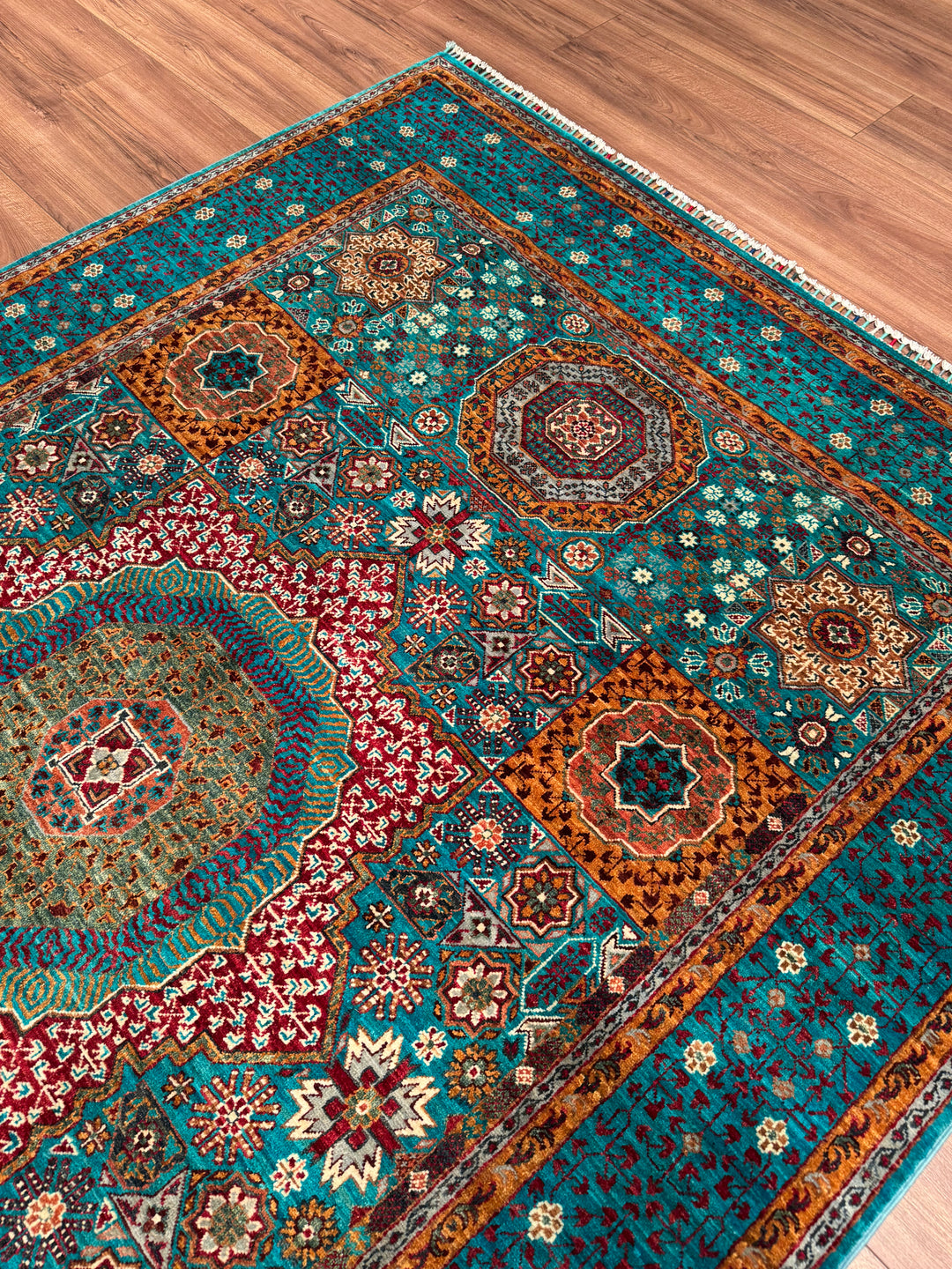 Mamluk Original Handwoven Turquoise Vegetable Dyed Wool Rug 172x243 cm (4.18 square meters) - 5x8 ft