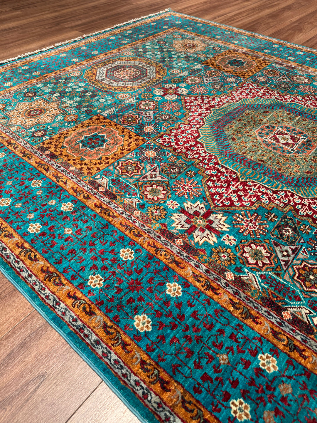 Mamluk Original Handwoven Turquoise Vegetable Dyed Wool Rug 172x243 cm (4.18 square meters) - 5x8 ft