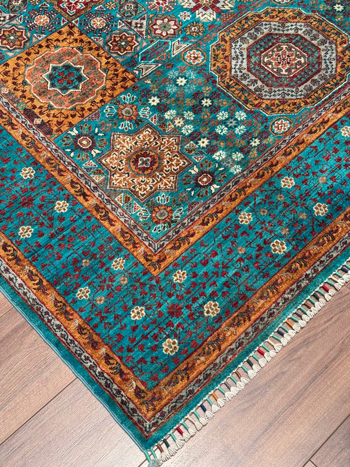 Mamluk Original Handwoven Turquoise Vegetable Dyed Wool Rug 172x243 cm (4.18 square meters) - 5x8 ft