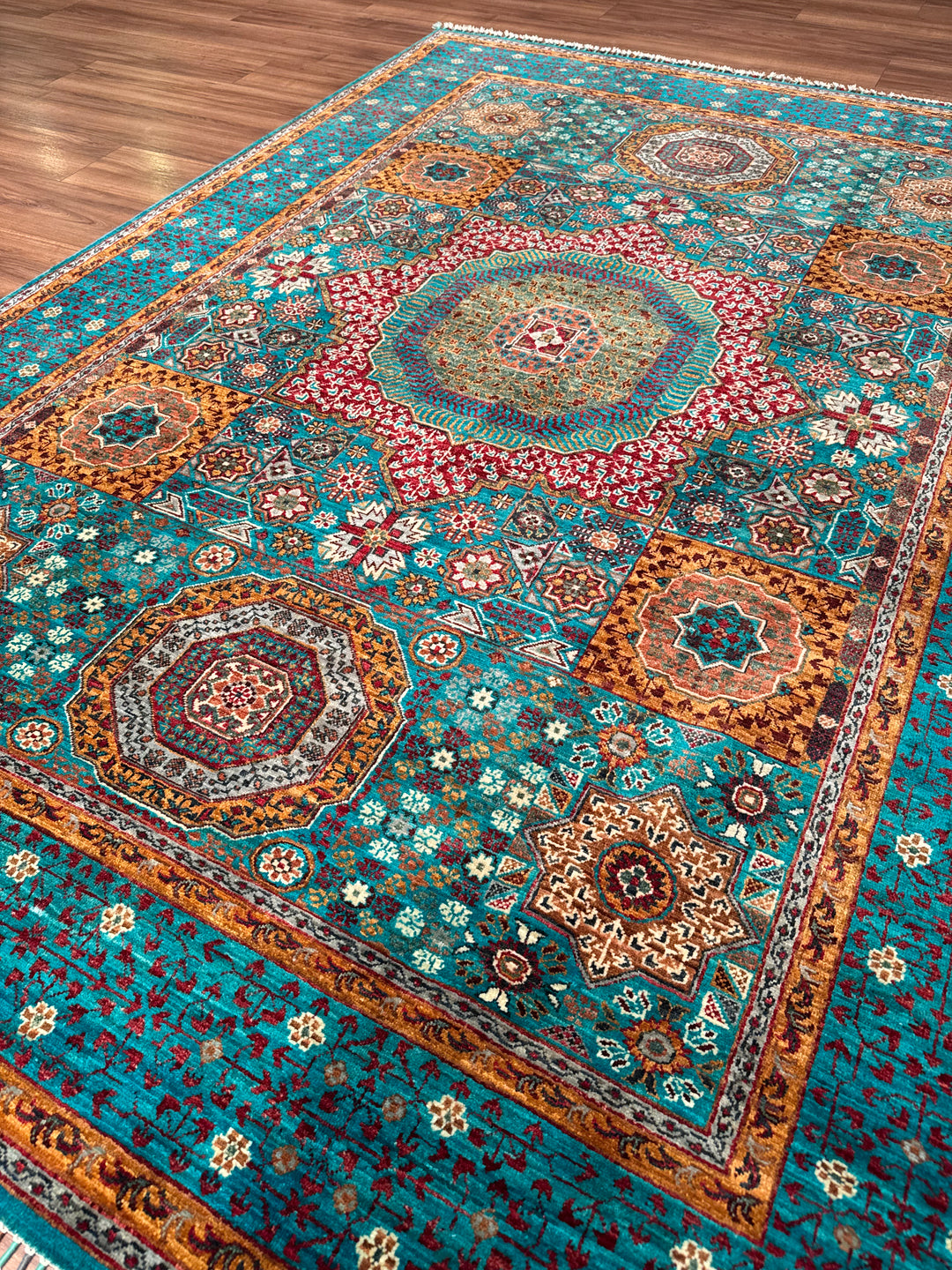 Mamluk Original Handwoven Turquoise Vegetable Dyed Wool Rug 172x243 cm (4.18 square meters) - 5x8 ft