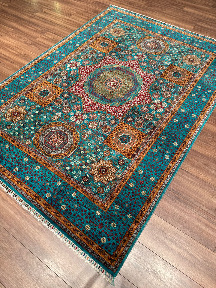 Mamluk Original Handwoven Turquoise Vegetable Dyed Wool Rug 172x243 cm (4.18 square meters) - 5x8 ft