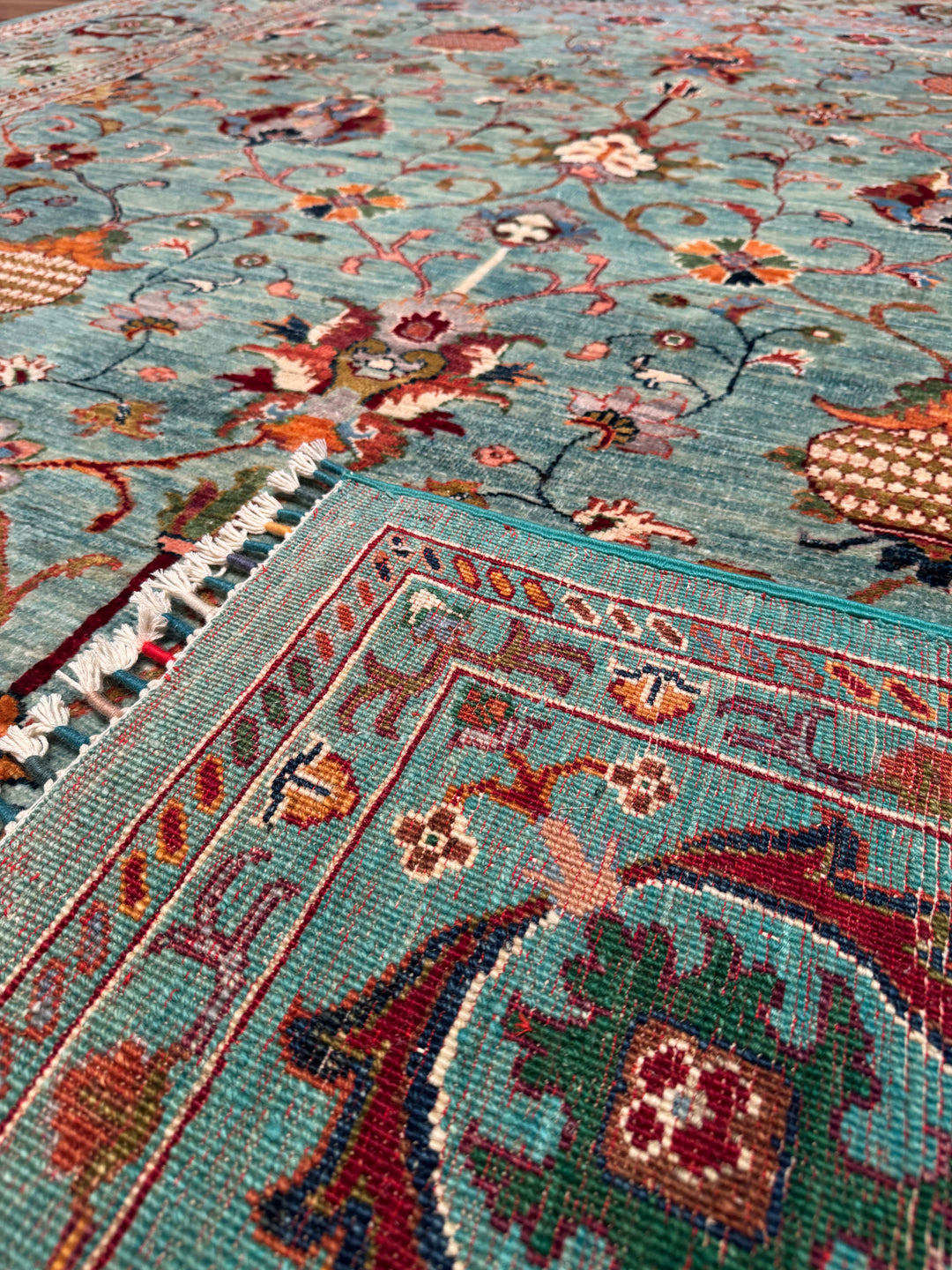 Sultani Binbirgece Original Hand Woven Turquoise Vegetable Dyed Wool Carpet 275x391 7.68 Square Meters - 10x14 ft