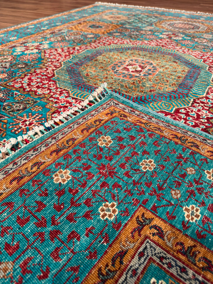 Mamluk Original Handwoven Turquoise Vegetable Dyed Wool Rug 172x243 cm (4.18 square meters) - 5x8 ft