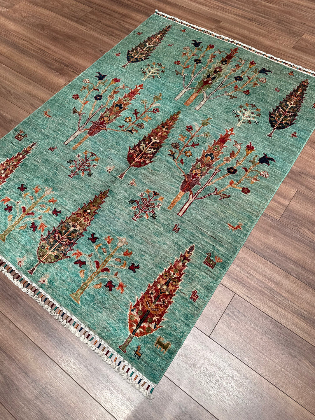 Khorjin Hayat Ağacı Orijinal El Dokuması Turkuaz Kök Boya Yün Halı 127x177 2.25 Metrekare - 4x6 ft