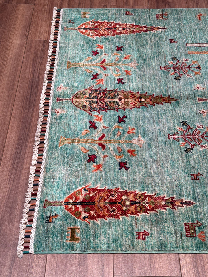 Khorjin Hayat Ağacı Orijinal El Dokuması Turkuaz Kök Boya Yün Halı 127x177 2.25 Metrekare - 4x6 ft