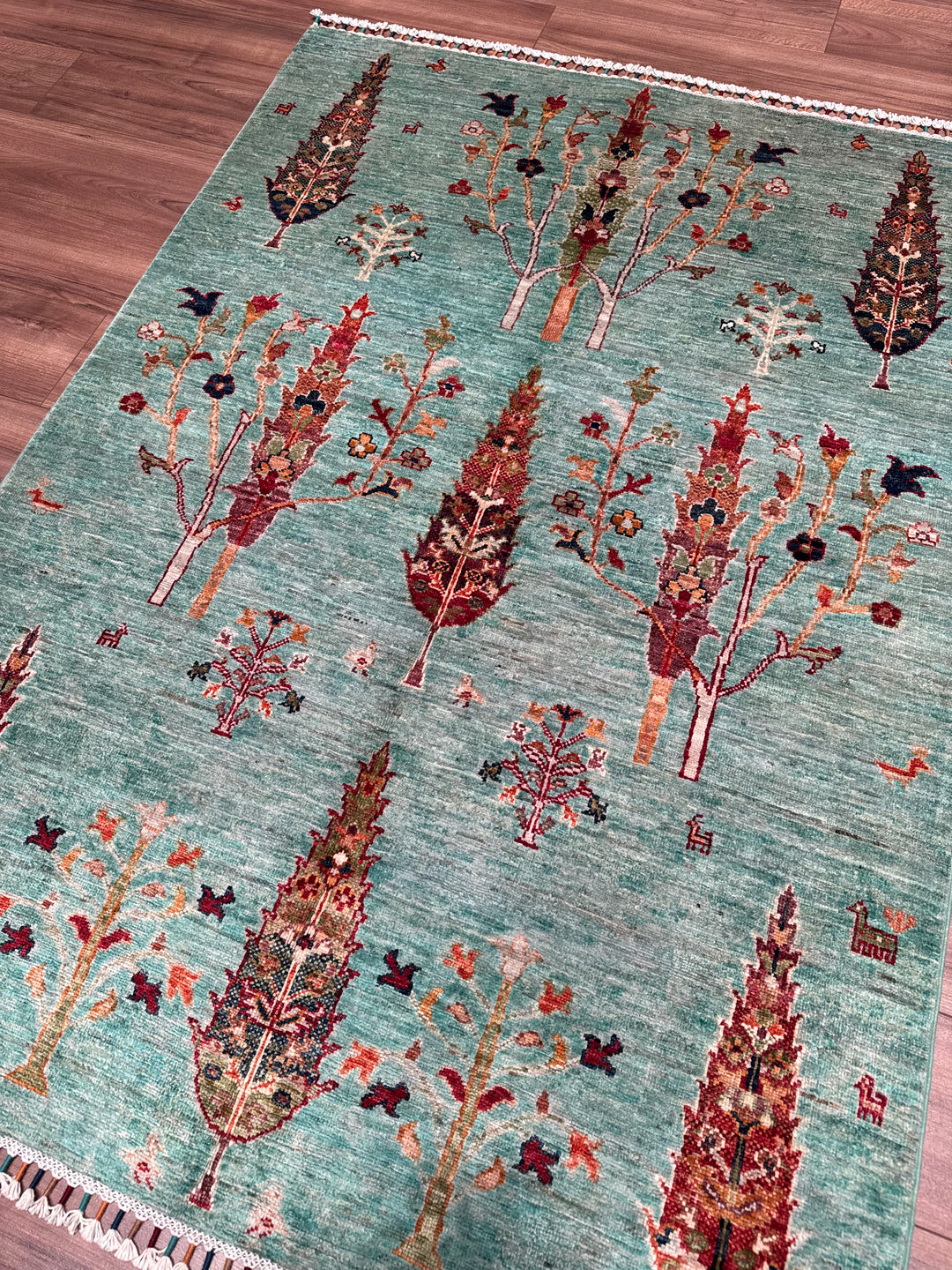 Khorjin Hayat Ağacı Orijinal El Dokuması Turkuaz Kök Boya Yün Halı 127x177 2.25 Metrekare - 4x6 ft