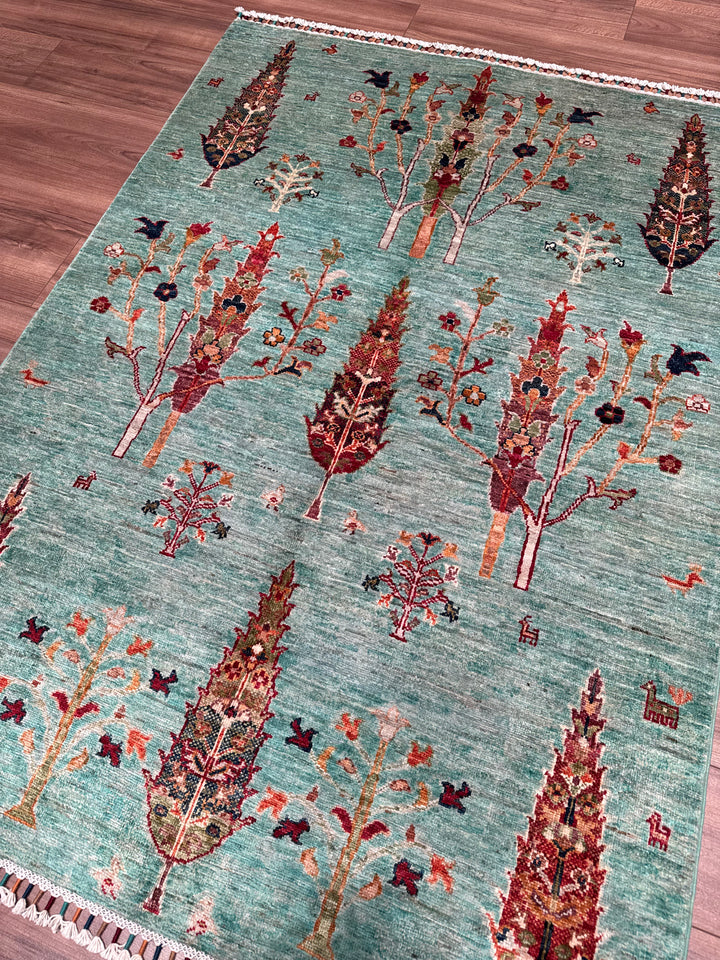 Khorjin Hayat Ağacı Orijinal El Dokuması Turkuaz Kök Boya Yün Halı 127x177 2.25 Metrekare - 4x6 ft