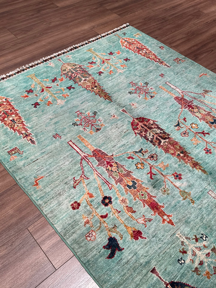 Khorjin Hayat Ağacı Orijinal El Dokuması Turkuaz Kök Boya Yün Halı 127x177 2.25 Metrekare - 4x6 ft