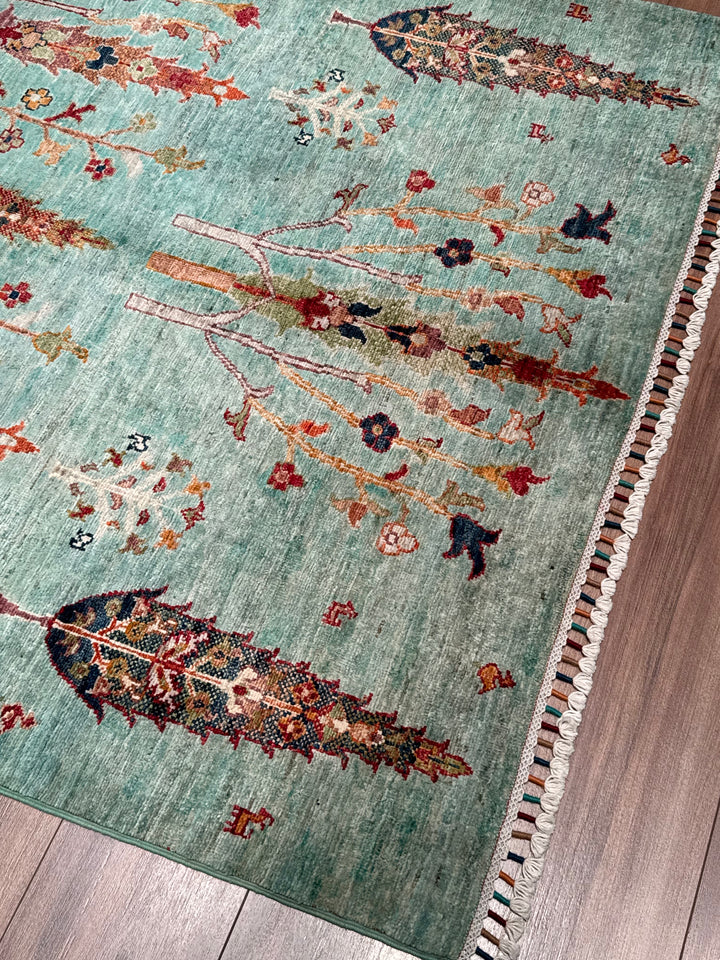 Khorjin Hayat Ağacı Orijinal El Dokuması Turkuaz Kök Boya Yün Halı 127x177 2.25 Metrekare - 4x6 ft