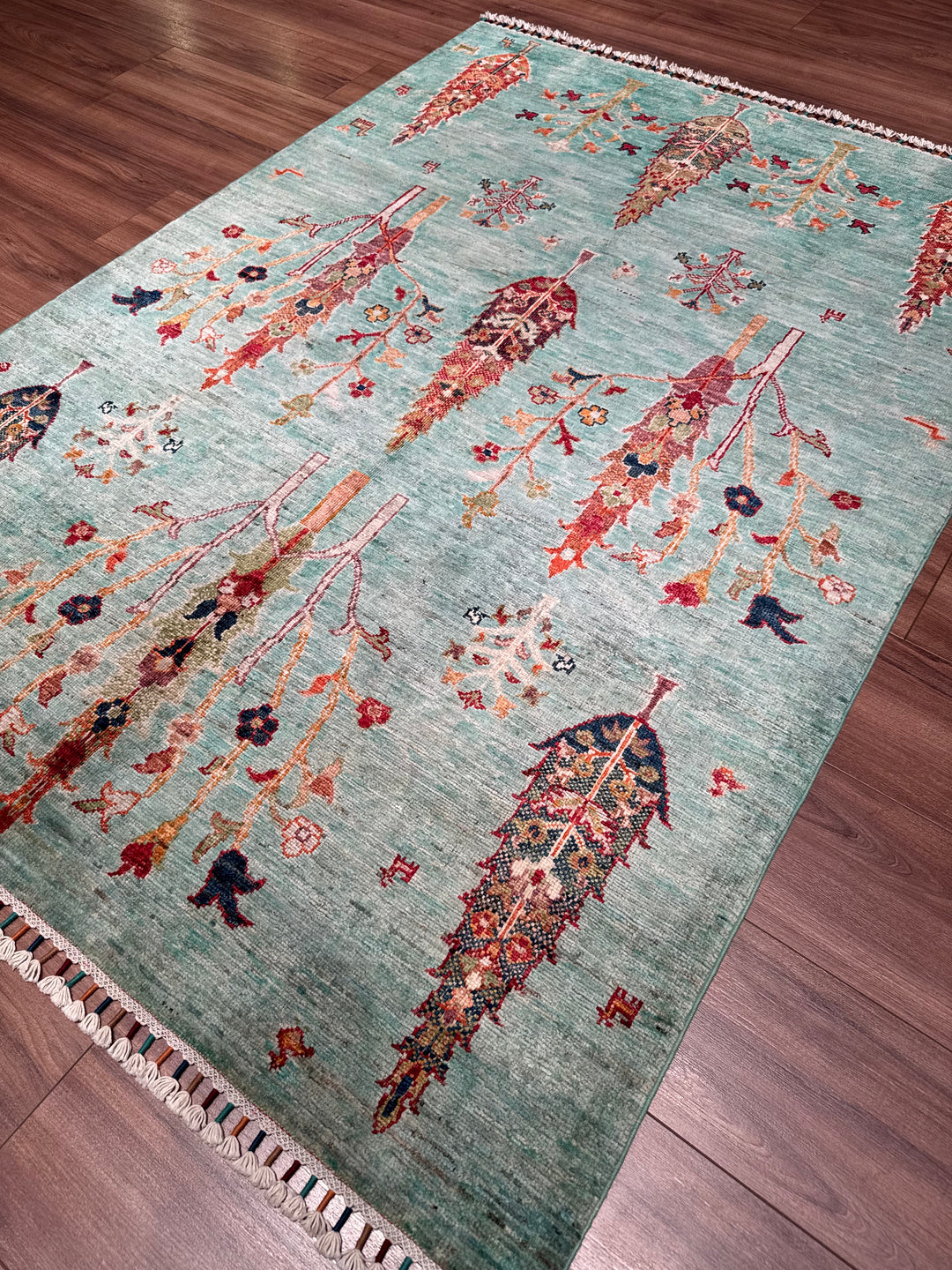 Khorjin Hayat Ağacı Orijinal El Dokuması Turkuaz Kök Boya Yün Halı 127x177 2.25 Metrekare - 4x6 ft
