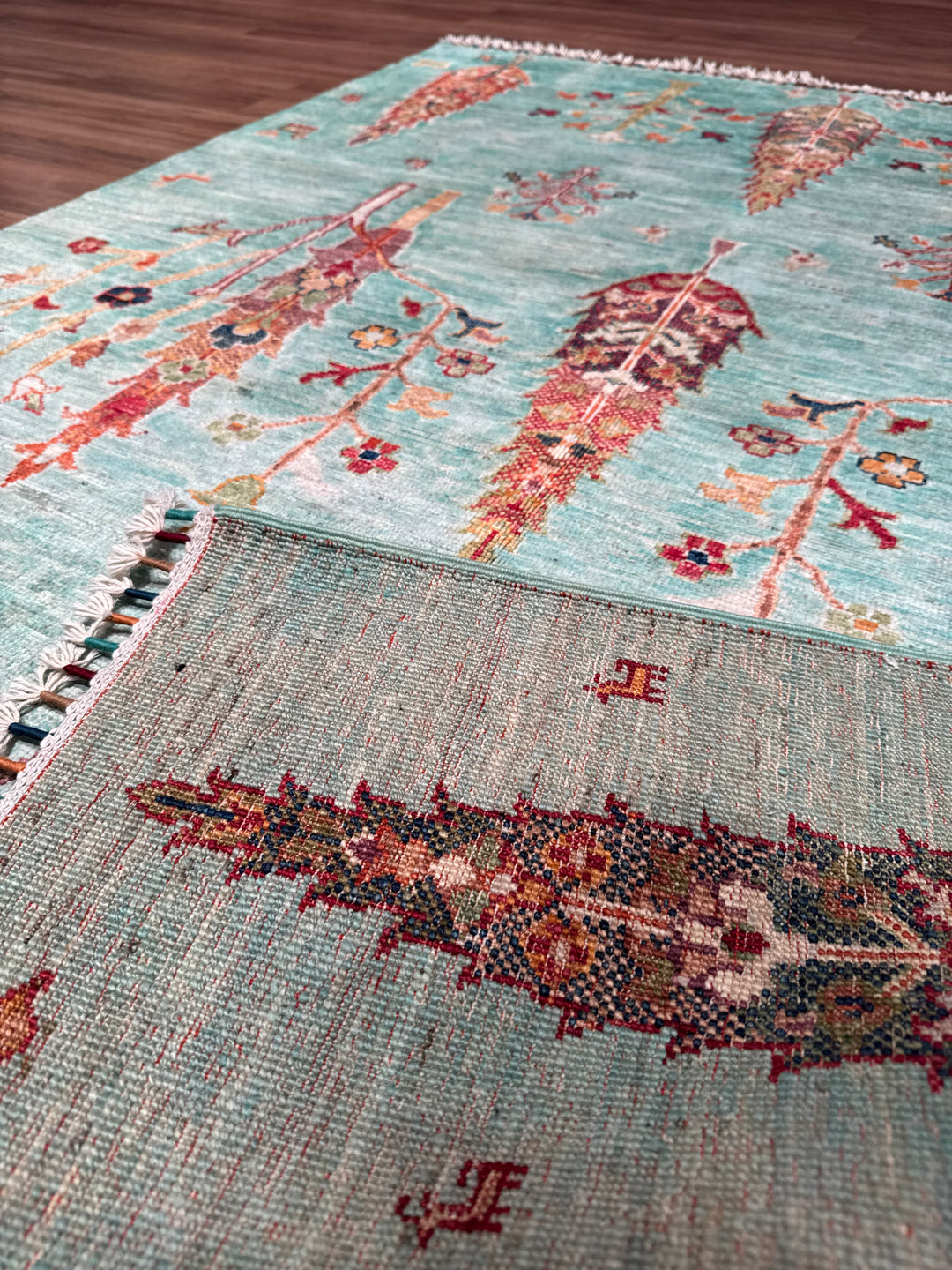 Khorjin Hayat Ağacı Orijinal El Dokuması Turkuaz Kök Boya Yün Halı 127x177 2.25 Metrekare - 4x6 ft