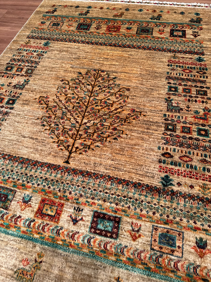 Khorjin Hayat Ağacı Orijinal El Dokuması Bej Kök Boya Yün Halı 105x156 1.64 Metrekare - 3x5 ft
