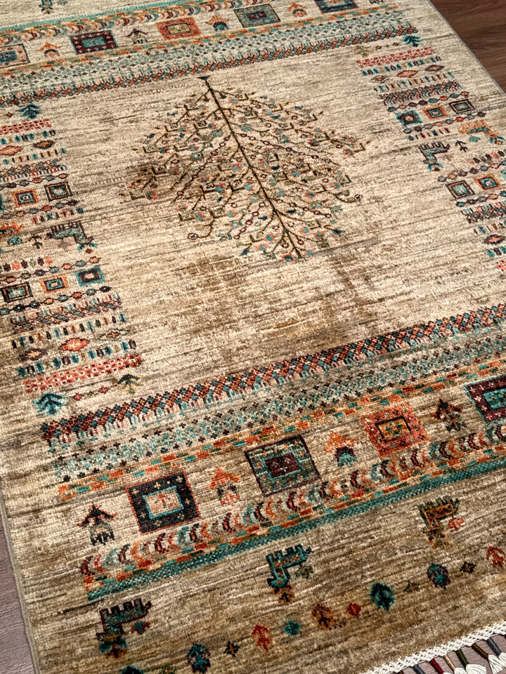 Khorjin Hayat Ağacı Orijinal El Dokuması Bej Kök Boya Yün Halı 105x156 1.64 Metrekare - 3x5 ft