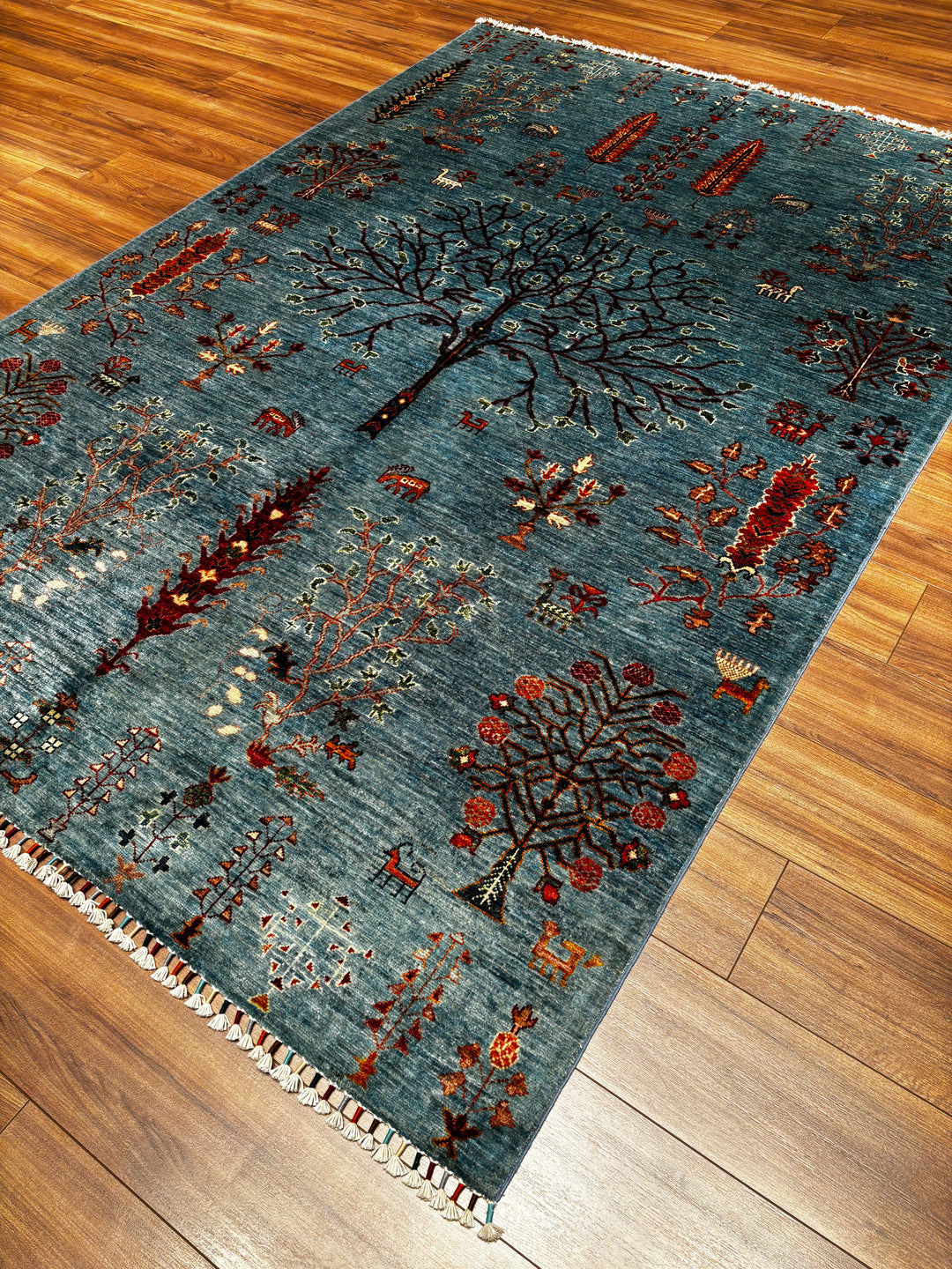 Hayat Ağacı Orijinal El Dokuması Mavi Kök Boya Yün Halı 181x260 4.71 Metrekare - 6x8 ft