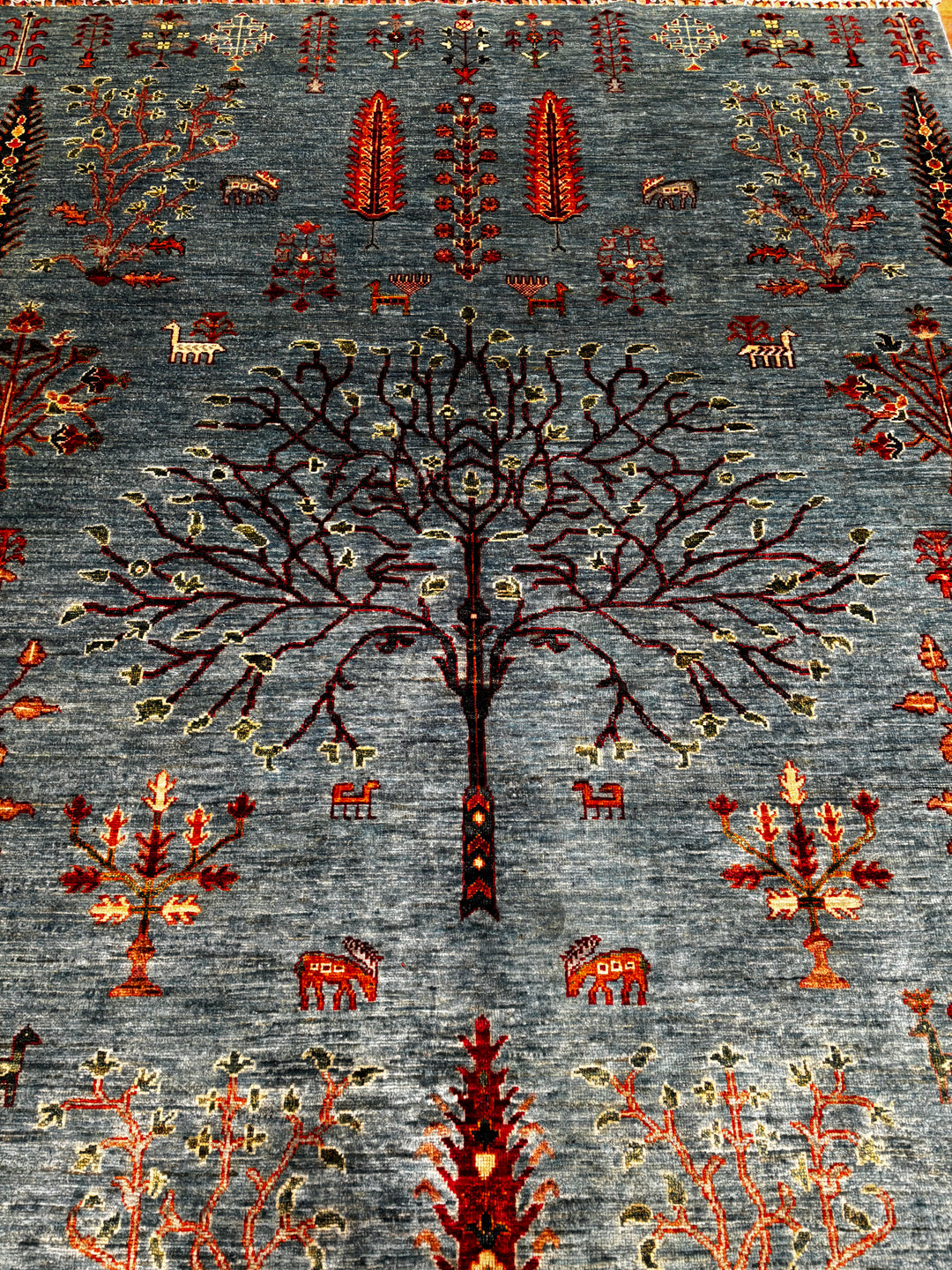 Hayat Ağacı Orijinal El Dokuması Mavi Kök Boya Yün Halı 181x260 4.71 Metrekare - 6x8 ft