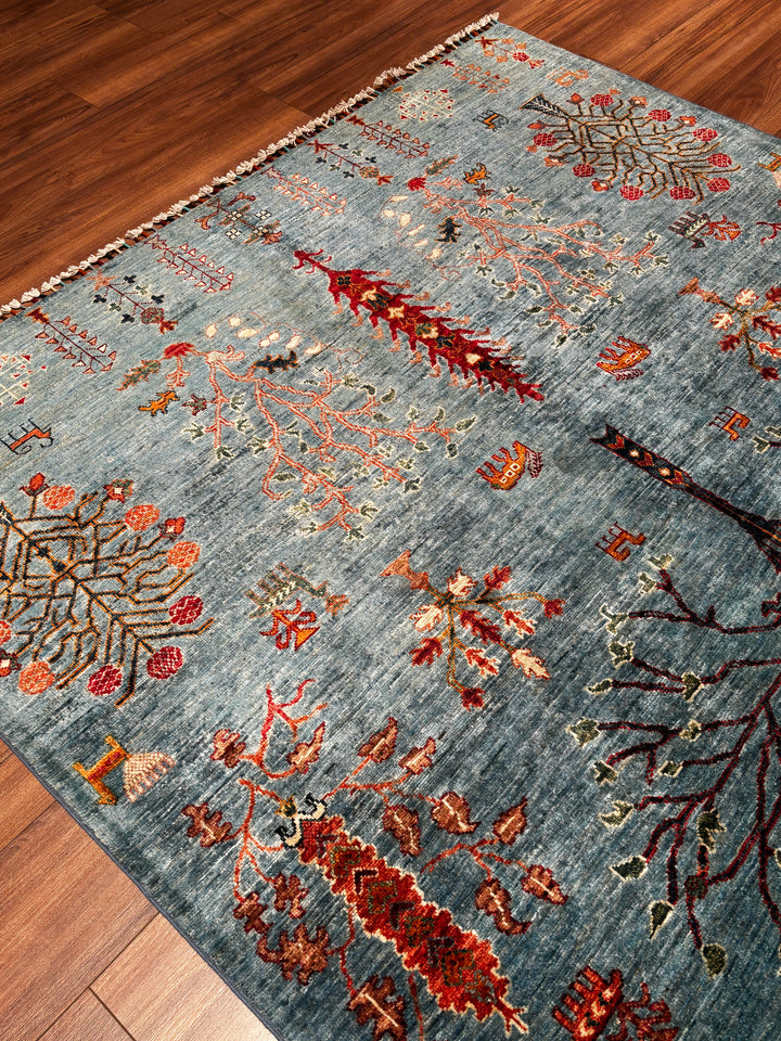 Hayat Ağacı Orijinal El Dokuması Mavi Kök Boya Yün Halı 181x260 4.71 Metrekare - 6x8 ft
