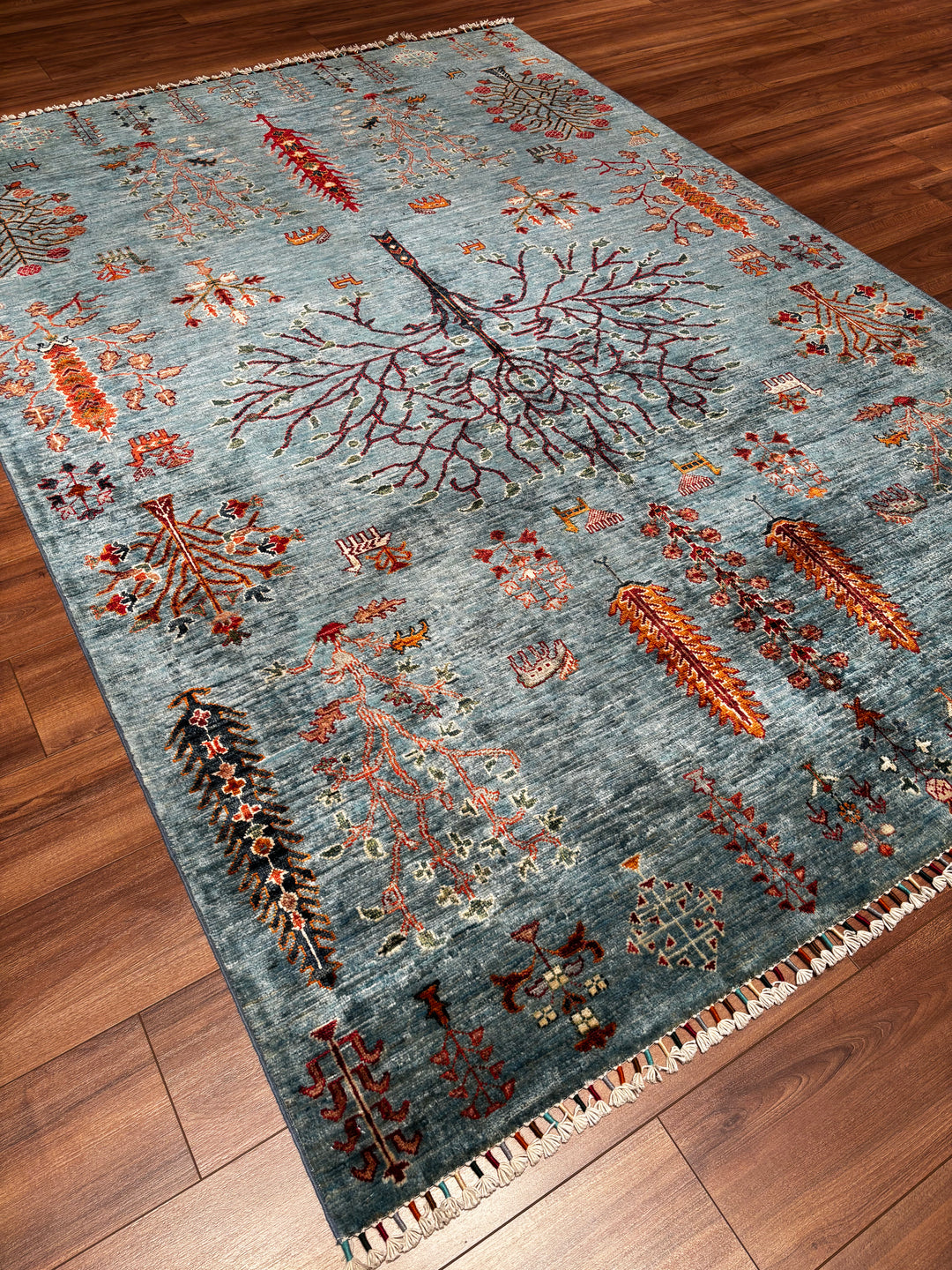 Hayat Ağacı Orijinal El Dokuması Mavi Kök Boya Yün Halı 181x260 4.71 Metrekare - 6x8 ft