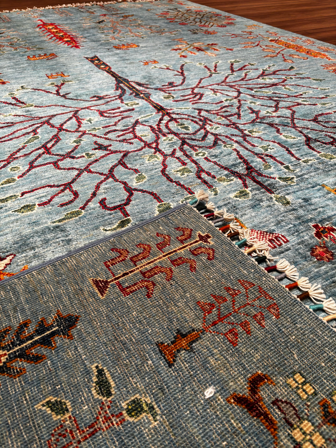 Hayat Ağacı Orijinal El Dokuması Mavi Kök Boya Yün Halı 181x260 4.71 Metrekare - 6x8 ft